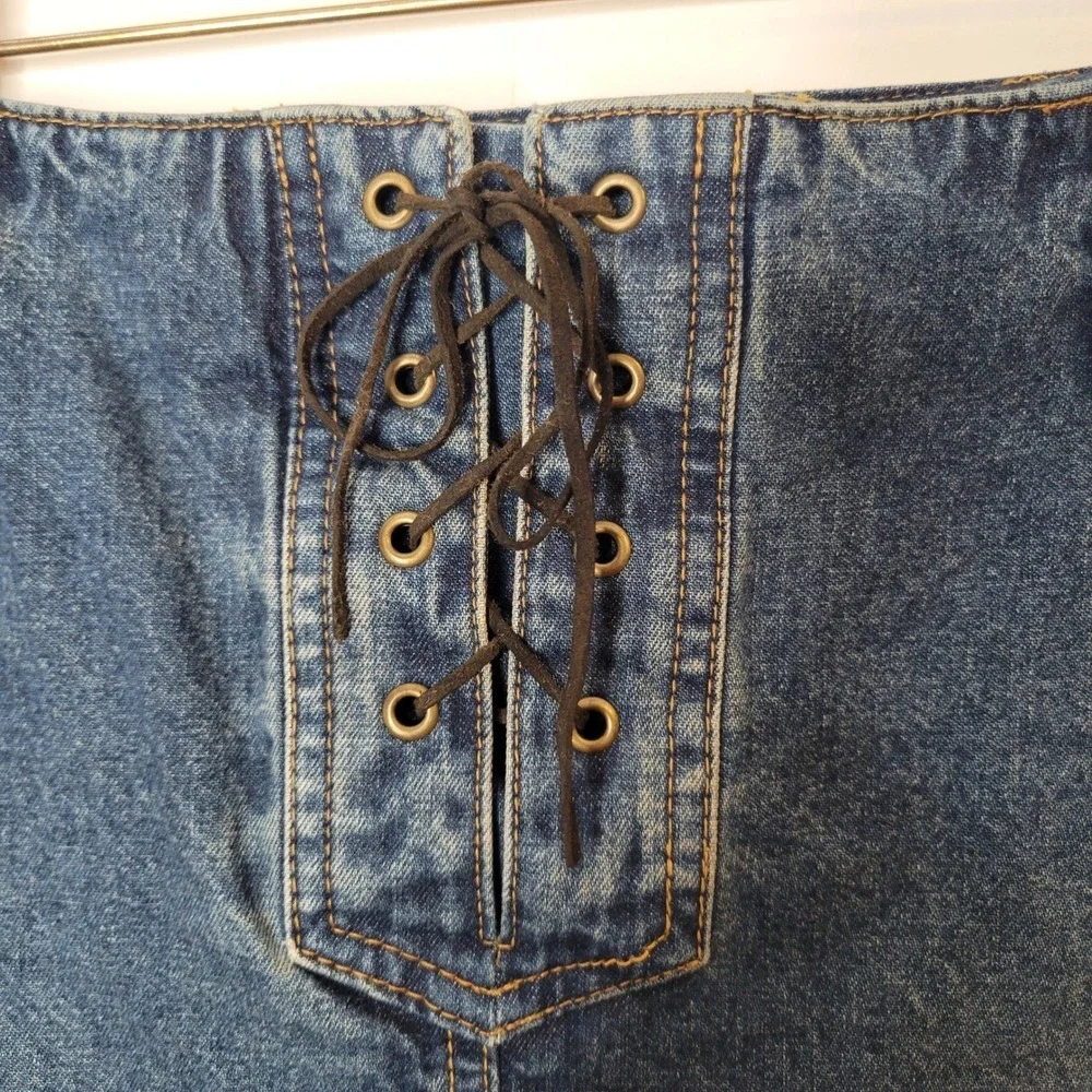 Classic Blue Denim Midi Skirt with Lace-Up Front - Picture 2 of 15